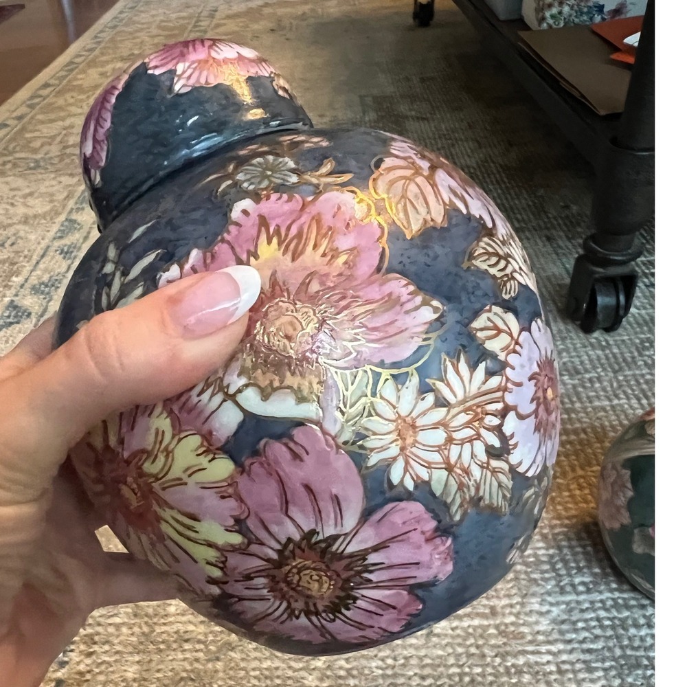 Vintage Blue Porcelain Ginger Jar Cache Pot Pink Floral Blue Decorative Urn 8.5
